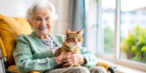 Residents of varying ages sharing a meal together at a long dining table in a bright, comfortable communal room.