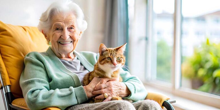 Residents of varying ages sharing a meal together at a long dining table in a bright, comfortable communal room.